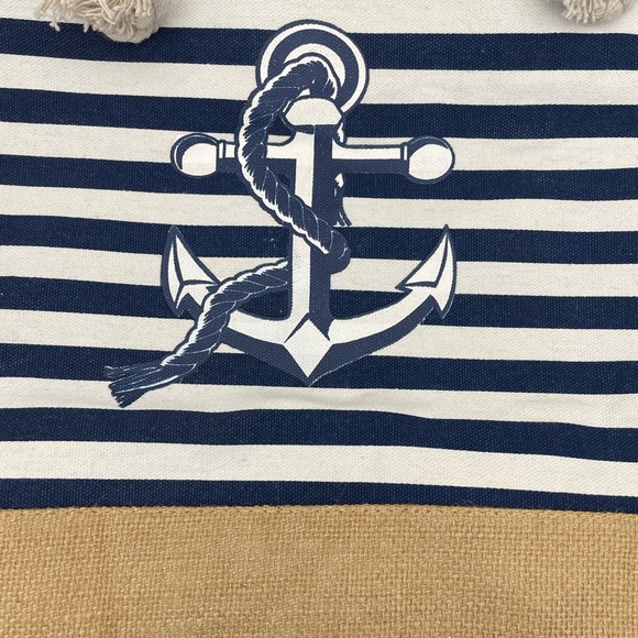 Nautical Stripe Canvas Tote Boating Anchor 19" W x 14" Large Summer Beach Bag - Picture 4 of 14